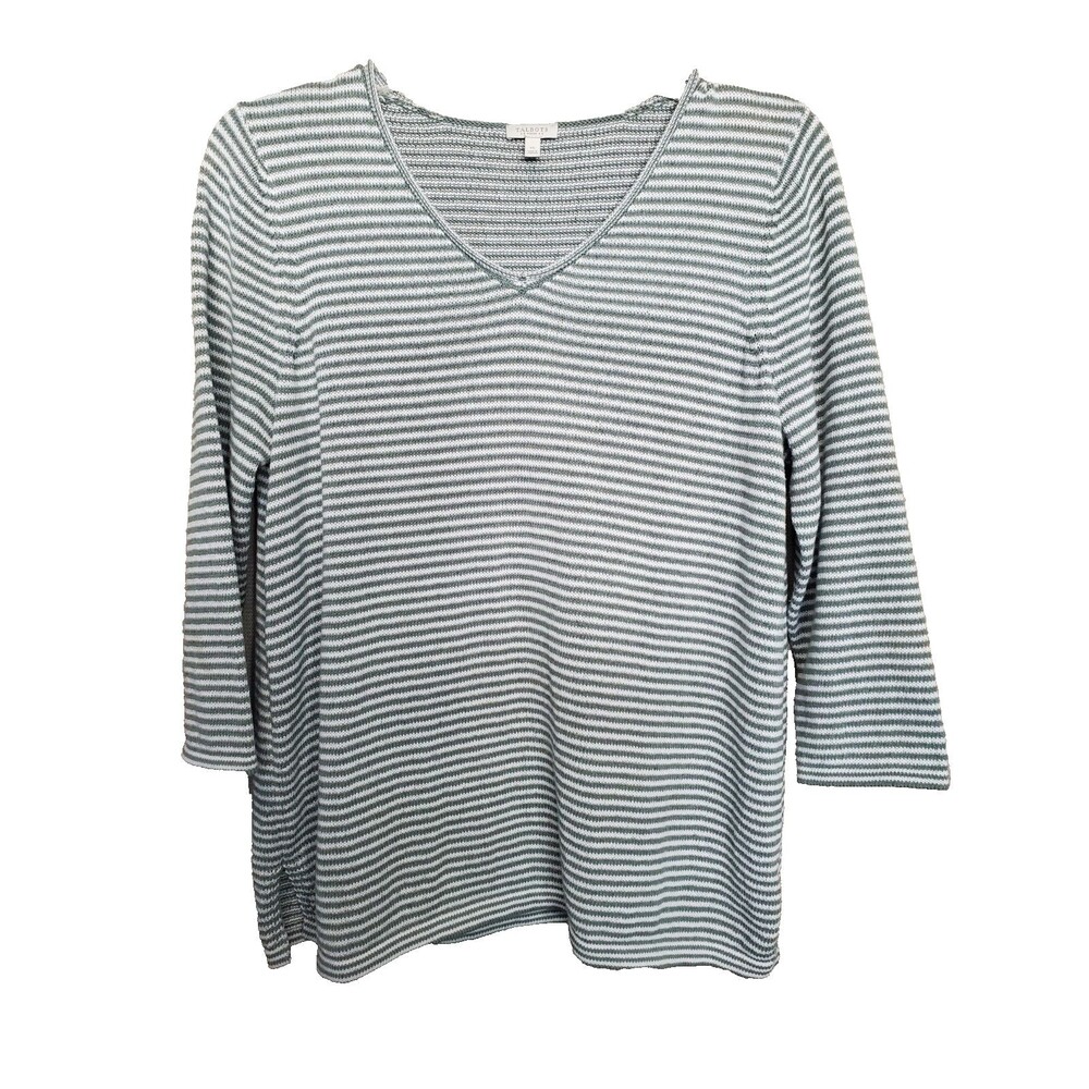 Talbots Woman Green Striped Linen Blend V-Neck 3/4 Sleeve Sweater Tunic Size 1X